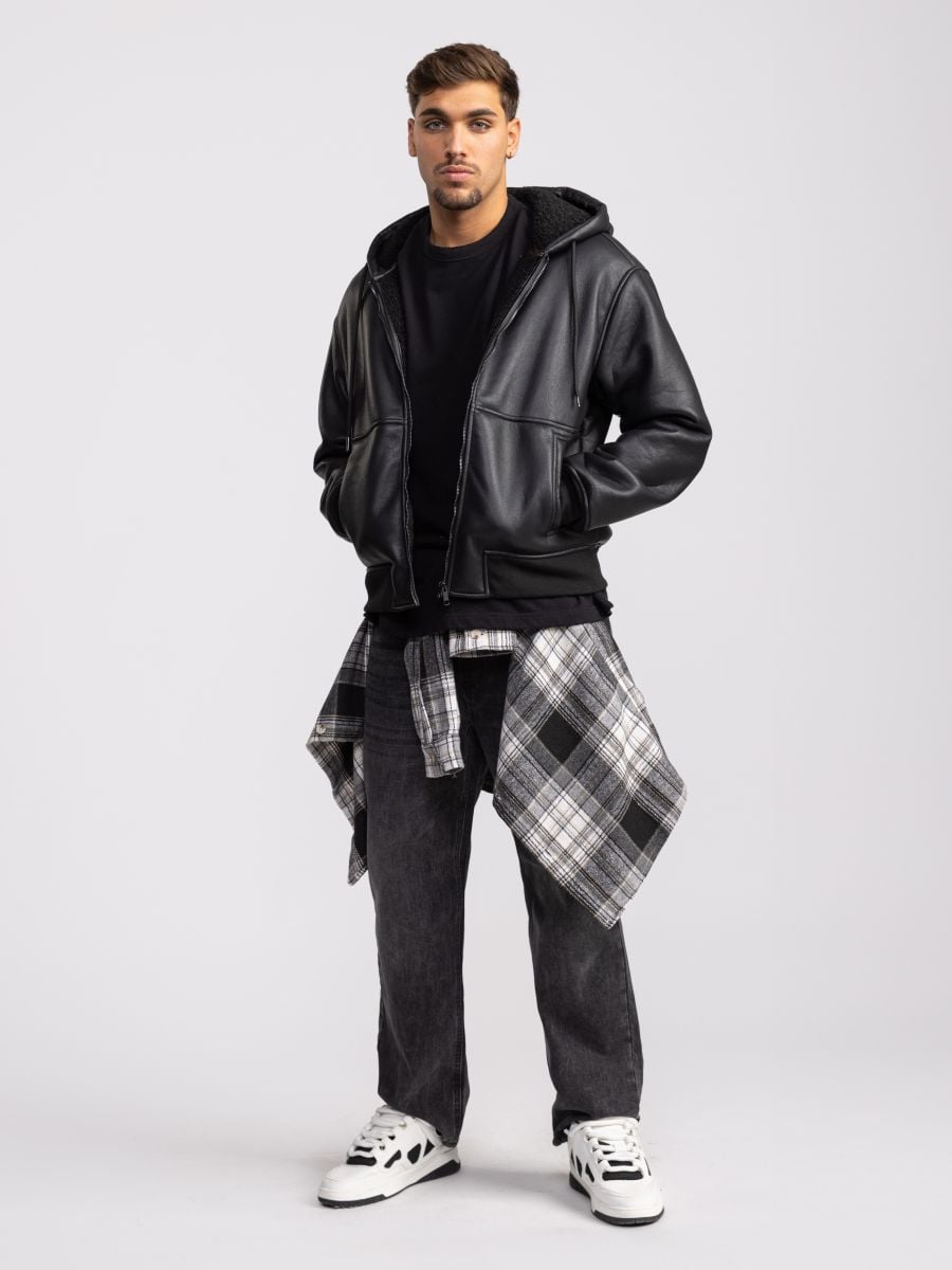 מעיל דמוי עור לגבר עם קפוצון